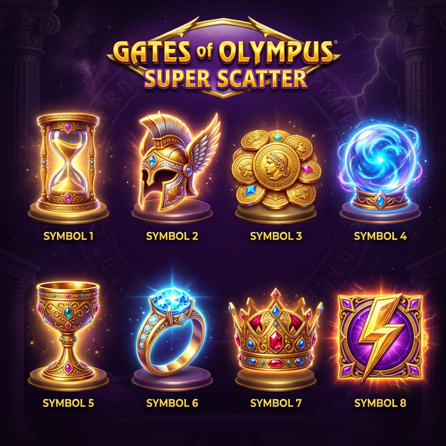 Simbolos Gate of Olympus Super Scatter: caliz, corona, anillo, reloj, casco, orbe